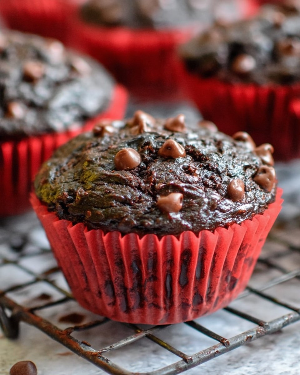 A close-up view of a single dark chocolate muffin with a glossy cracked top, studded with semi-melted light brown chocolate chips scattered unevenly on the surface. The muffin has a dense, rich texture with visible small chunks inside, resting inside a red paper muffin liner that is slightly ruffled. Behind it, other muffins in the same red liners are blurred out. The whole scene is set on a cooling rack placed over a white marbled surface, showing some baking crumbs. Photo taken with an iphone --ar 4:5 --v 7