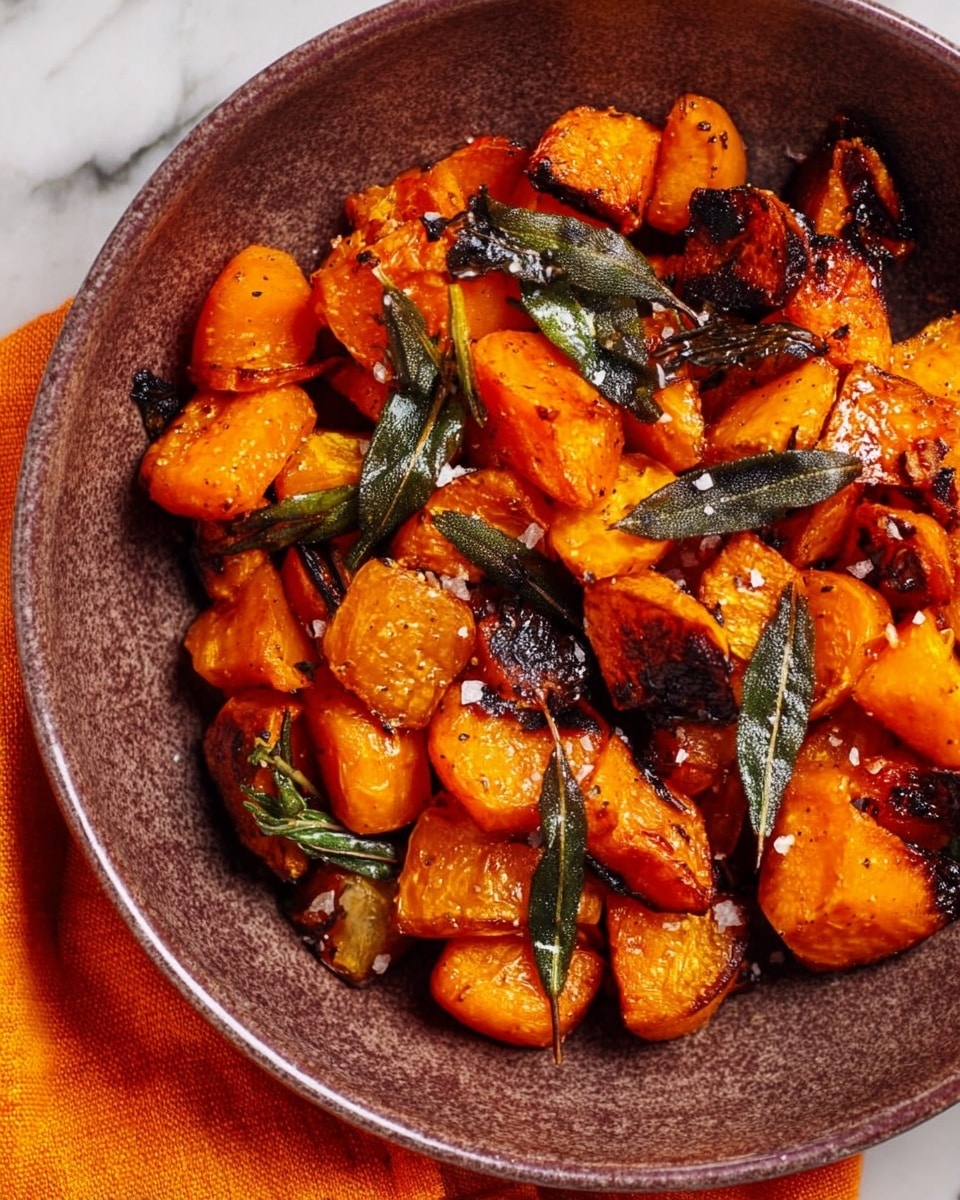 A close-up view of a bowl filled with roasted orange-colored vegetables, cut into uneven chunks and small rounds, showing a slightly charred and caramelized texture. Scattered dark green leaves are placed on top, along with coarse salt crystals visible on the surface. The vegetables and leaves fill the bowl completely, which has a rough textured brown finish. The bowl sits on an orange cloth, all placed on a white marbled surface. photo taken with an iphone --ar 4:5 --v 7