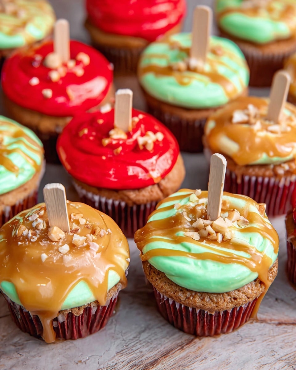 This image shows several cupcakes arranged closely on a wooden surface changed to a white marbled texture. Each cupcake has a brown base with a light brown cake layer. On top of the cake layer, there is a thick frosting layer that is either bright red or light green in color, spread smoothly but with visible swirls. A glossy light caramel sauce is drizzled over each cupcake, creating a shiny golden layer on top of the frosting. Some cupcakes are topped with small chopped nut pieces, adding texture. Each cupcake has a small wooden stick standing vertically from the center. The photo taken with an iphone --ar 4:5 --v 7