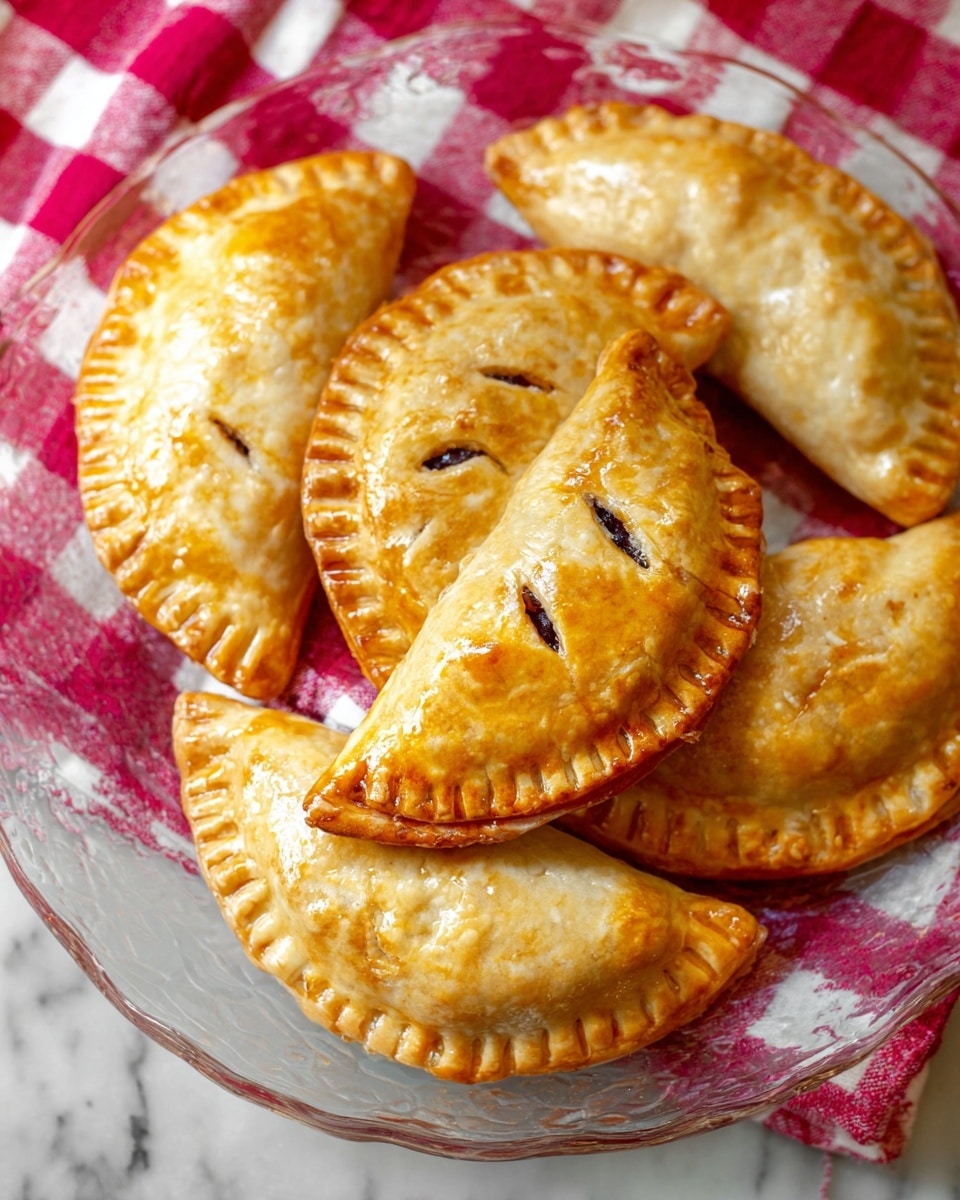 A clear glass plate sits on a white marbled surface with a red and white checkered cloth partially visible underneath. On the plate, there are eight golden-brown hand pies arranged in a casual pile. Each hand pie is half-circle shaped with a crimped edge that seals the filling inside. The tops are smooth with a shiny, baked crust that has small slits for ventilation, showing hints of dark filling beneath. The texture looks flaky and slightly glossy, with some pies showing a more golden hue and others a lighter beige. The scene is bright and inviting, focusing on the warm colors and crisp details of the hand pies. photo taken with an iphone --ar 4:5 --v 7