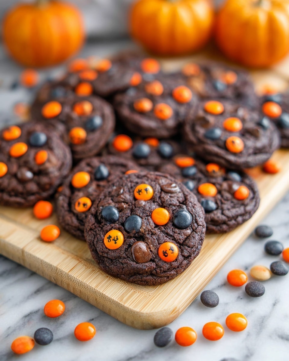A group of soft, round chocolate cookies with a dark brown color is arranged on a light wooden board. Each cookie is decorated with bright orange and black candy pieces, some of which have small face designs, scattered evenly across their slightly bumpy surface. The cookies have a rich, chewy texture with visible chocolate chips mixed in. Around the board, extra orange and black candies are scattered, and in the background, out of focus, there are three small orange pumpkins adding a festive touch. The setting is on a white marbled surface. photo taken with an iphone --ar 4:5 --v 7