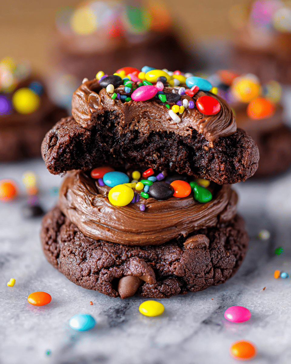 The image shows a close-up of a stack of two chocolate cookies on a white marbled surface. The bottom layer is a thick, dark brown chocolate cookie with visible chocolate chips embedded in its rough, crumbly texture. On top of it is a smooth, thick swirl of dark chocolate frosting, rich and shiny. The top cookie, also dark brown and crumbly, has a visible bite taken out of it, revealing the moist inside. This cookie is also topped with the same smooth, dark chocolate frosting and sprinkled with small, colorful candy pieces in bright colors like yellow, orange, red, green, blue, pink, purple, and black, some round and some teardrop-shaped. More colorful candy pieces are scattered around the cookies on the surface. Photo taken with an iphone --ar 4:5 --v 7