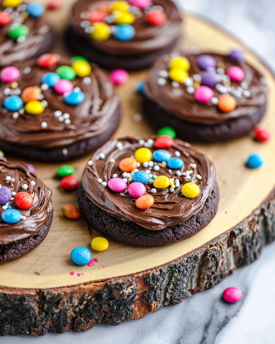 Several dark brown chocolate cookies are placed on a round wooden board with bark edges. Each cookie has a thick layer of glossy chocolate frosting spread on top. Colorful small candy pieces in red, yellow, blue, green, orange, pink, and purple are scattered over the frosting and the wooden board. The background shows a white marbled texture. photo taken with an iphone --ar 4:5 --v 7