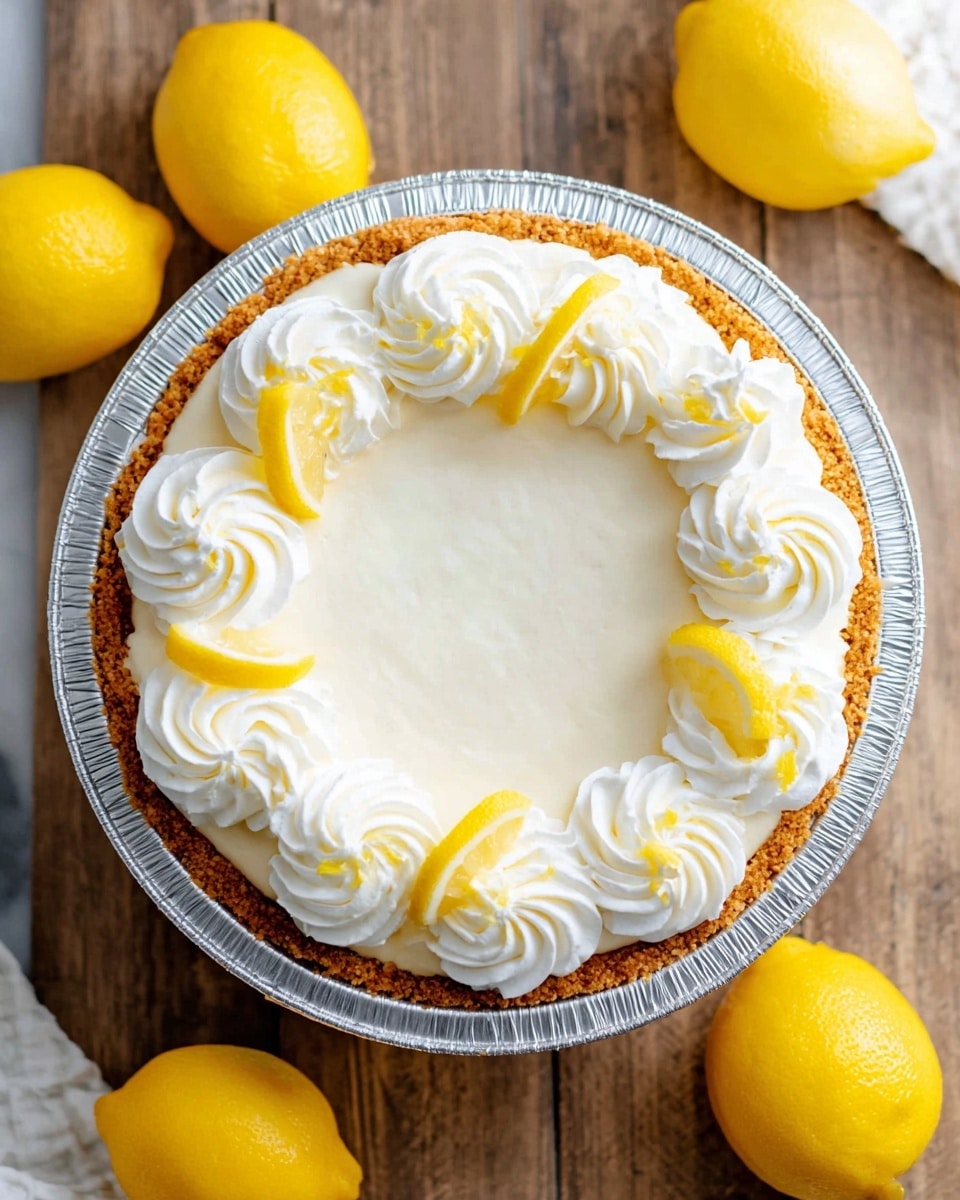 The image shows a lemon cream pie in a shiny silver foil pie dish with three visible layers. The bottom layer is a golden brown crust, the middle layer is a smooth, creamy white lemon filling, and the top layer has white whipped cream piped in swirls all around the edge. Each swirl of whipped cream is garnished with a small slice of bright yellow lemon peel. The pie is set on a wooden surface but described as a white marbled texture. Four whole yellow lemons surround the pie, enhancing the fresh look. Photo taken with an iphone --ar 4:5 --v 7