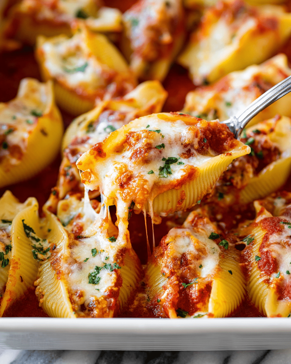 A close-up view of baked pasta shells arranged in a white baking dish, each shell stuffed and topped with a layer of melted, slightly browned mozzarella cheese and rich red tomato sauce, sprinkled with small green parsley pieces for garnish. A silver spoon is lifting one stuffed shell from the center, showing the gooey melted cheese stretching slightly. The pasta shells are golden yellow with a smooth texture, evenly covered by the cheese sauce, with browned spots adding a crispy look. The background shows a white marbled surface. Photo taken with an iphone --ar 4:5 --v 7