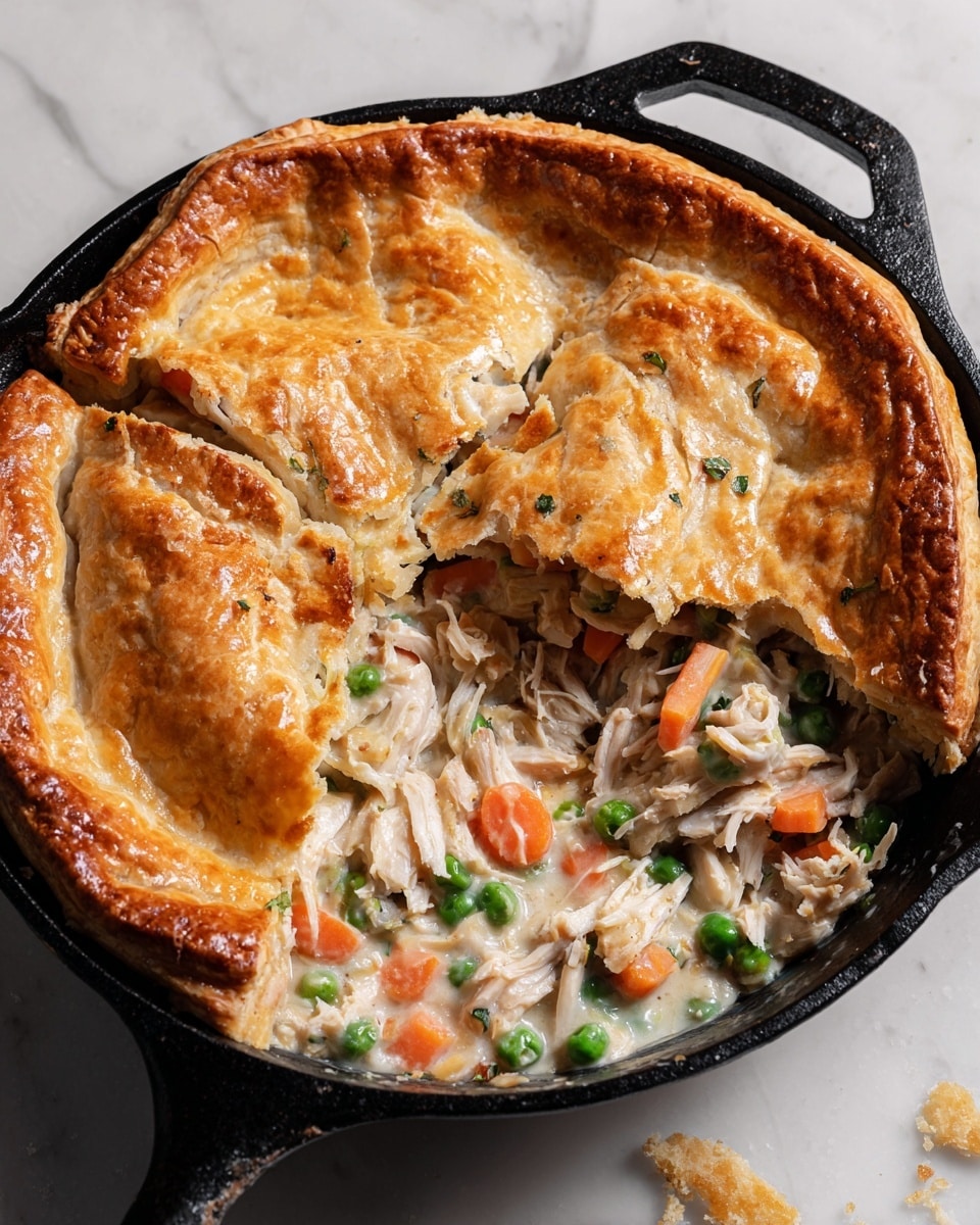 A round pie with a golden brown, flaky top crust that is cracked open on one side, revealing the filling inside; the filling has three visible layers—shredded white chicken pieces, sliced orange carrots, and small green peas mixed together in a creamy sauce. The pie is inside a black cast iron skillet, placed on a white marbled texture surface. Some pie crust crumbs are scattered near the skillet. photo taken with an iphone --ar 4:5 --v 7