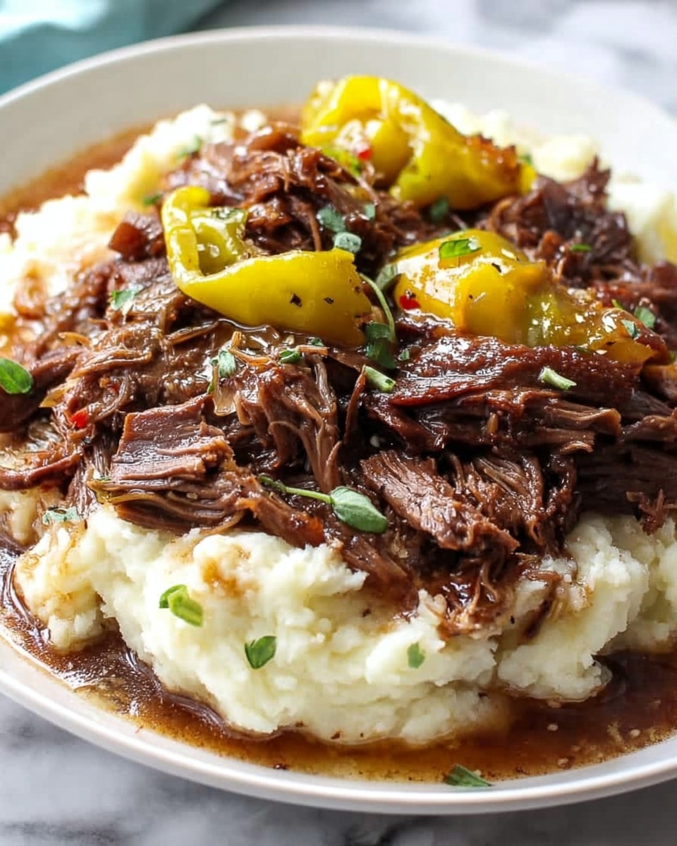 A white plate holds a base layer of creamy mashed potatoes, smooth and pale with a few soft lumps visible, topped with a rich, dark brown shredded beef stew that looks moist and tender. The beef is covered in a glossy sauce and garnished with small chopped green herbs, adding a fresh contrast. On the side, there are a few slices of yellow cooked peppers blending slightly into the sauce. The plate sits on a white marbled surface, giving a clean and bright background. Photo taken with an iphone --ar 4:5 --v 7