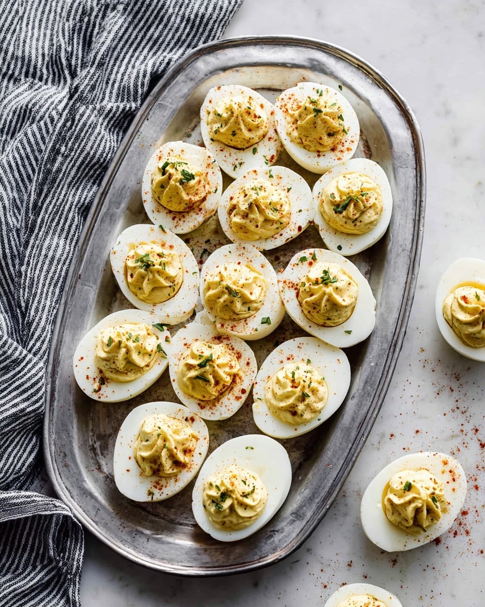 A silver oval tray filled with fifteen deviled eggs is shown on a white marbled surface, with six more deviled eggs scattered nearby. Each deviled egg is cut in half, featuring a smooth white egg white base with a pale yellow creamy filling piped in a swirled, textured pattern on top. The filling is speckled with small green herbs and dusted with a light sprinkle of reddish-brown paprika, adding color contrast. A striped black and white fabric drapes casually in the upper left corner. photo taken with an iphone --ar 4:5 --v 7