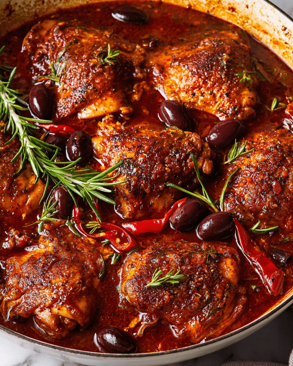 A close-up of a white pan filled with six pieces of cooked chicken thighs covered in a rich, dark reddish-brown sauce with a slightly oily texture. The sauce has visible slices of red chili peppers, dark purple olives, and sprigs of fresh green rosemary scattered on top. The chicken pieces have a crispy, browned skin with a textured surface. The background is a white marbled texture photo taken with an iphone --ar 4:5 --v 7