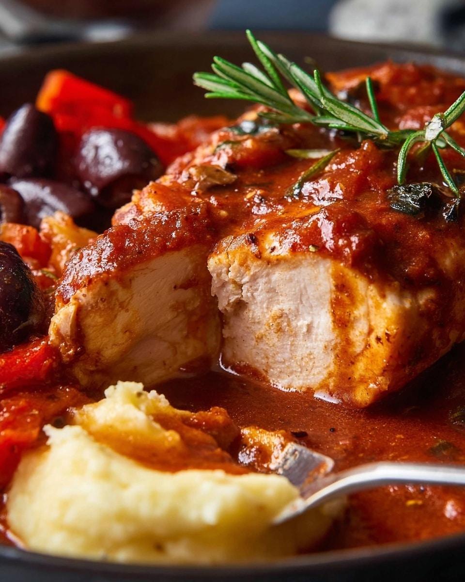The image shows a close-up of a cooked chicken breast sliced in half, revealing its juicy white interior, covered in a thick, rich reddish-brown sauce with visible small chunks of tomato and seasonings. Surrounding the chicken are dark purple olives and pieces of red bell pepper, with a sprig of green rosemary resting on top. In the foreground, there is a creamy, pale yellow side dish with a soft, smooth texture, partially scooped up by a spoon. The background is a blurred dark dish holding everything together. photo taken with an iphone --ar 4:5 --v 7