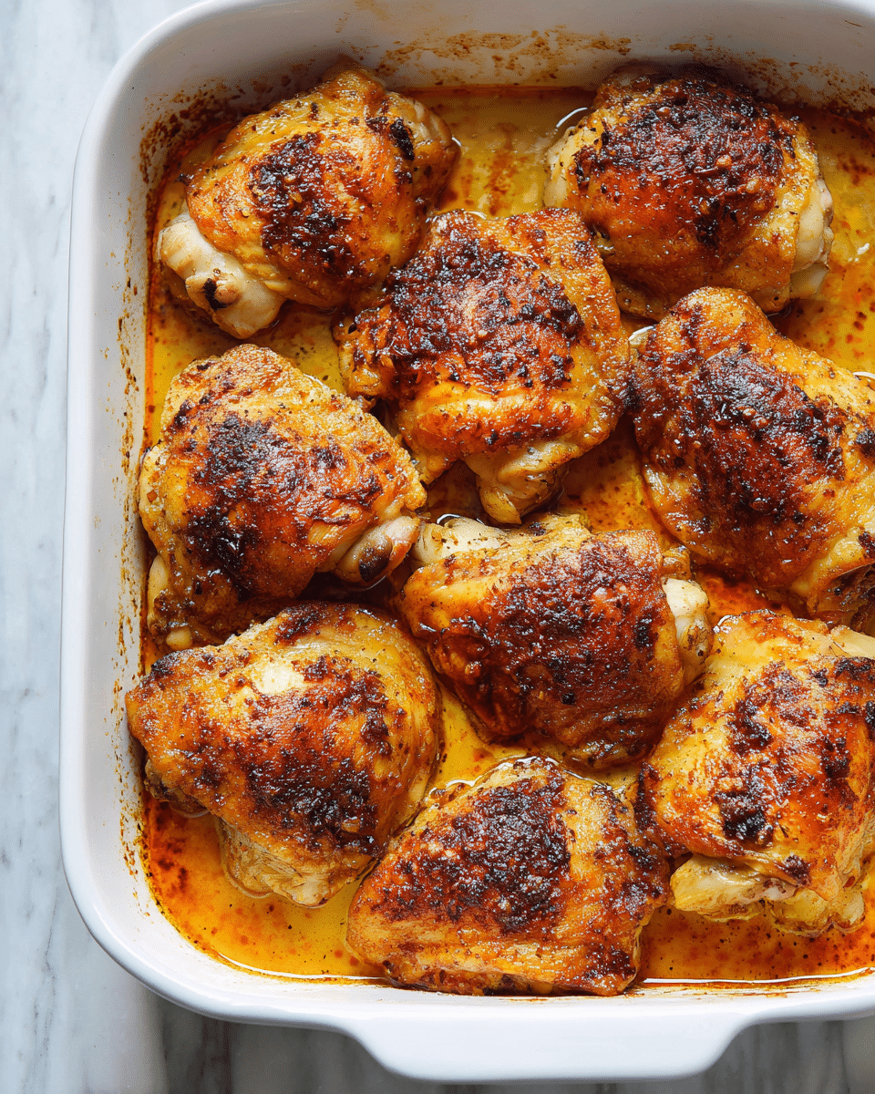 The image shows a white rectangular baking dish filled with ten pieces of cooked chicken thighs. Each chicken piece has a golden-brown, slightly crispy skin with dark, roasted spots and a textured surface. The chicken rests in a shallow pool of orange-brown oil and juices that lightly cover the bottom of the dish. The chicken pieces are closely placed next to each other, with their skin side facing upward. The baking dish sits on a white marbled surface. photo taken with an iphone --ar 4:5 --v 7