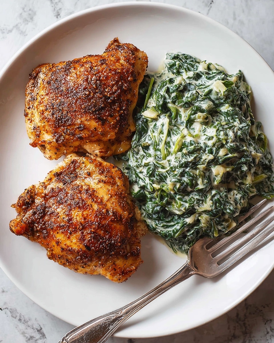 The image shows a white plate with two pieces of seasoned, cooked chicken thighs on the left side, both with a golden brown and slightly crispy surface covered in spices. On the right side of the plate is a creamy spinach dish, with a mix of dark green spinach leaves and white cream that gives it a soft, textured look. A silver fork is placed on the bottom right edge of the plate, resting on the plate's rim. The plate is set on a white marbled textured surface. Photo taken with an iphone --ar 4:5 --v 7