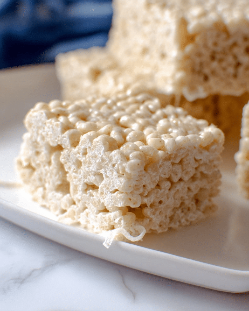 A close-up of a thick, square piece of light beige rice crispy treat with a rough, bumpy texture made from puffed rice and marshmallow held in front of a larger, round white tray of more rice crispy treat. The piece shows its airy, crispy layers clearly, with some sticky marshmallow string hanging off the bottom front edge, all placed on a white marbled surface. Photo taken with an iphone --ar 4:5 --v 7