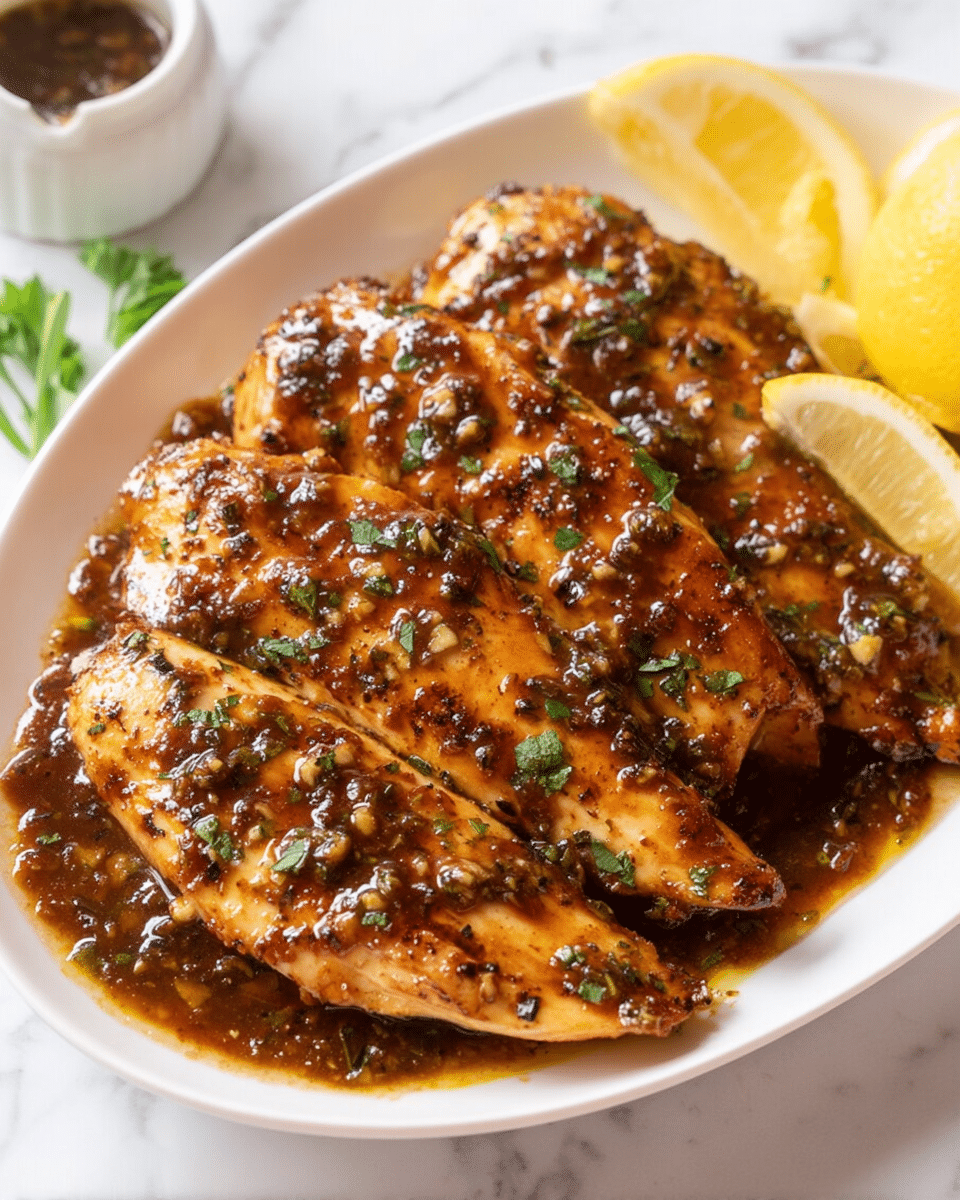 The dish shows several pieces of grilled chicken breast layered closely on a white plate, covered in a thick, dark brown garlic and herb sauce with visible bits of garlic and herbs scattered on top. The chicken has a shiny, slightly crispy texture with a golden-brown color underneath the sauce. Around the edges of the plate, there are three lemon wedges adding a bright yellow contrast. In the background, there is a small white ramekin filled with sauce and some green herb leaves placed near the top left corner. The scene is set on a white marbled surface. photo taken with an iphone --ar 4:5 --v 7