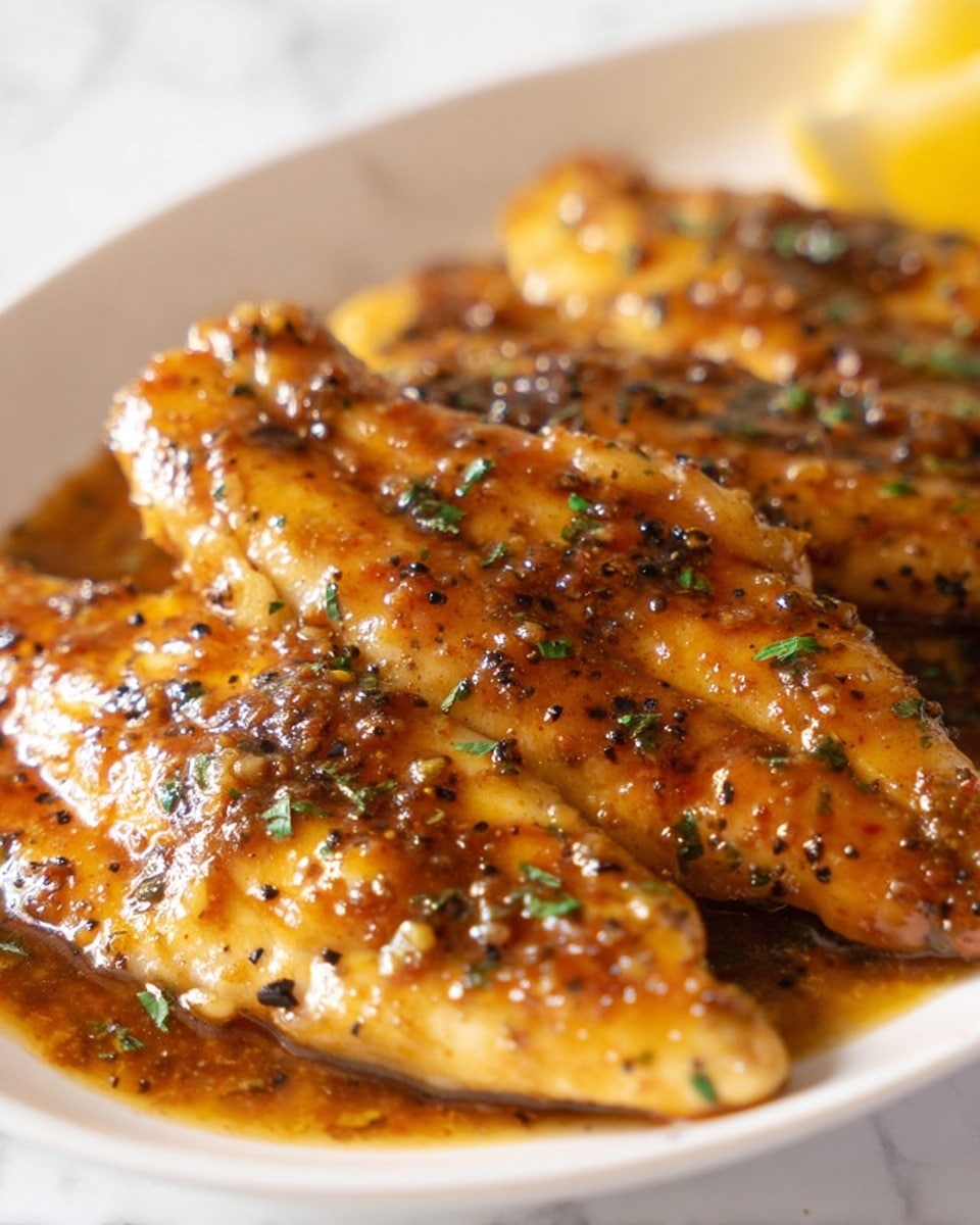 The image shows three pieces of golden brown fish fillets on a white plate, coated with a glossy, rich brown sauce that has visible black pepper and minced garlic bits. The fillets have a slightly crispy texture on the edges and are sprinkled with small green herb pieces. The background is a white marbled surface with a soft-focus lemon wedge partially visible in the corner. The overall feel is warm and appetizing with close-up detail of the sauce and seasoning. Photo taken with an iphone --ar 4:5 --v 7