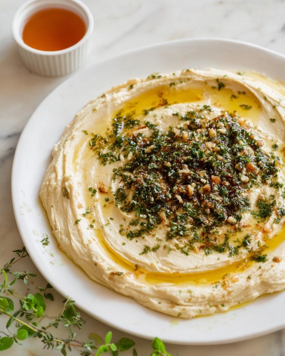 A white plate holds a creamy spread of smooth, light beige hummus, swirled with visible texture. The middle is topped with a generous mix of finely chopped dark green herbs and crushed nuts, adding a rough texture and a savory look. Around the spread, there is a light drizzle of golden olive oil, creating a shiny contrast on the hummus surface. A few small sprigs of fresh thyme lie near the edge of the plate, and some green leaves are visible at the bottom corner. In the background, a small white ramekin filled with amber-colored liquid sits on a white marbled surface. photo taken with an iphone --ar 4:5 --v 7
