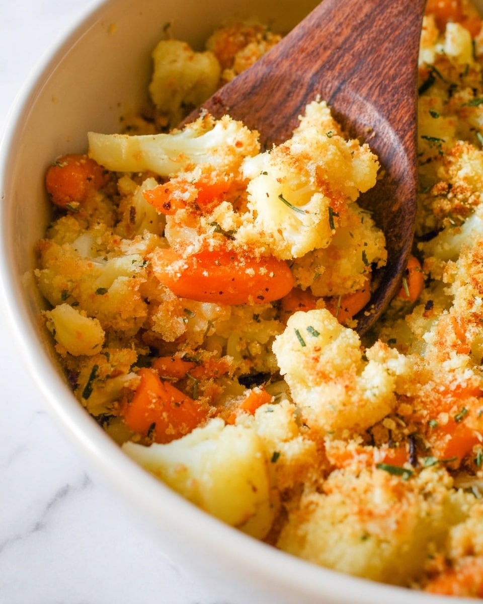A close-up view of a cooked vegetable dish showing chunks of soft, light yellow cauliflower and bright orange carrot pieces mixed together, topped with a golden brown crumbly layer likely made of breadcrumbs and herbs. The vegetables have a tender texture with specks of seasoning visible, and a wooden spoon is scooping some of the mixture from a white bowl, the spoon's natural wood grain adding contrast. The scene is set on a white marbled surface, highlighting the warm colors of the vegetables and the crumbs. photo taken with an iphone --ar 4:5 --v 7