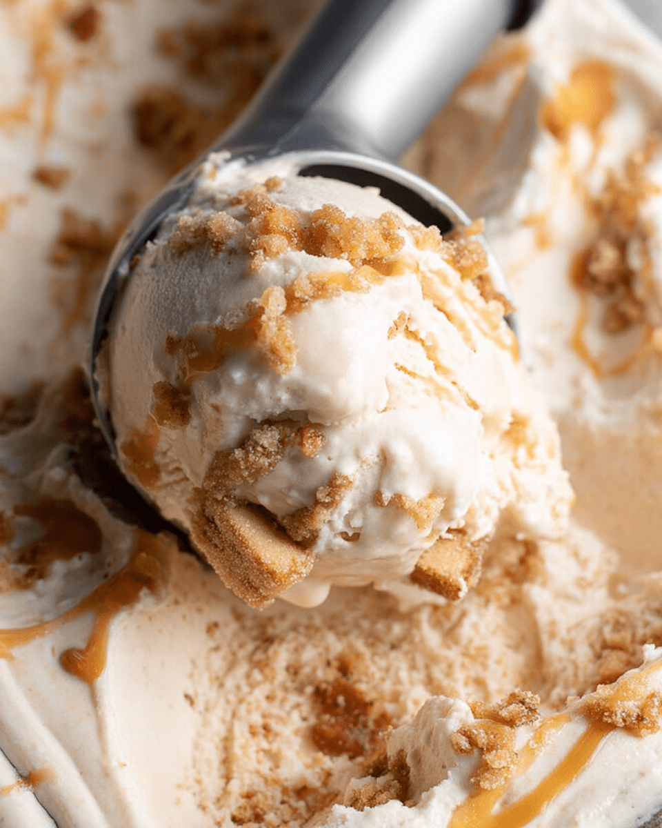 The image shows a close-up of a scoop of creamy ice cream being lifted by a metal ice cream scooper. The ice cream has a light beige color with visible chunks of crumbly, golden-brown pieces mixed throughout, giving it a textured look. The surface of the ice cream is smooth with a slightly melted, glossy appearance, and some caramel-colored swirls can be seen near the edges. The background and container appear to be out of focus but surrounded by more creamy ice cream with similar textures. The photo is taken against a white marbled texture. photo taken with an iphone --ar 4:5 --v 7