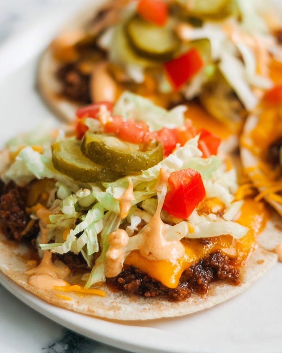 The image shows a close-up of two small tacos served on a white plate with a white marbled background. Each taco has a soft beige tortilla base with a dark brown cooked ground meat layer on one side. On top of the meat is a melted orange cheese layer, followed by shredded pale green lettuce scattered unevenly. Bright red diced tomatoes and a few green pickles add pops of color on top. A light orange creamy sauce is drizzled over the other toppings, adding a smooth texture and glossy finish to the tacos. Photo taken with an iphone --ar 4:5 --v 7