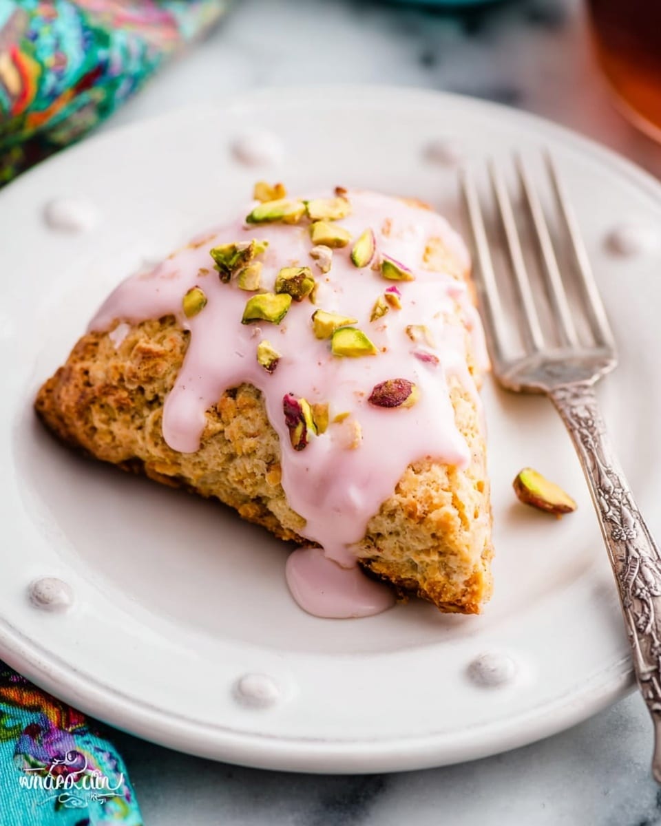 A single triangular scone with a rough golden brown texture is placed on a white plate with small round raised details around the edge. The top of the scone is covered with a thick, soft pink icing that drapes unevenly over one side. Small whole and chopped nuts, mainly pistachios with their green and brown hues, are scattered on the icing. A silver fork with delicate handles rests beside the scone on the plate. The whole scene sits on a white marbled surface with hints of colorful fabric peeking in the background. photo taken with an iphone --ar 4:5 --v 7