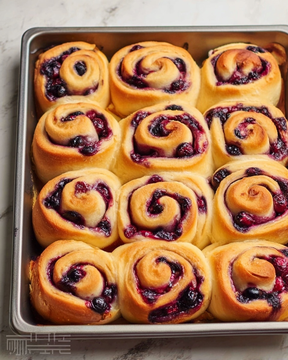 This image shows a silver baking tray filled with a dozen golden-brown rolls that are swirled with purple and dark blue berries inside the dough spirals. The rolls are tightly packed and the berries look juicy, creating a contrast between the soft bread and the fruit filling. The tray is placed on a white marbled surface that adds a clean background to the warm tones of the rolls. photo taken with an iphone --ar 4:5 --v 7