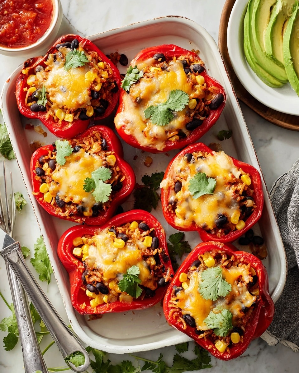 Seven bright red bell pepper halves sit in a white tray, each filled with a mix of cooked rice, black beans, and yellow corn. On top of the filling is melted golden cheese, slightly browned in spots, with a few green cilantro leaves placed on each pepper for garnish. The tray rests on a white marbled surface. Nearby, a pair of metal tongs rests on the tray. In the background, a white plate with sliced avocado and a white bowl with red salsa are visible. Photo taken with an iphone --ar 4:5 --v 7