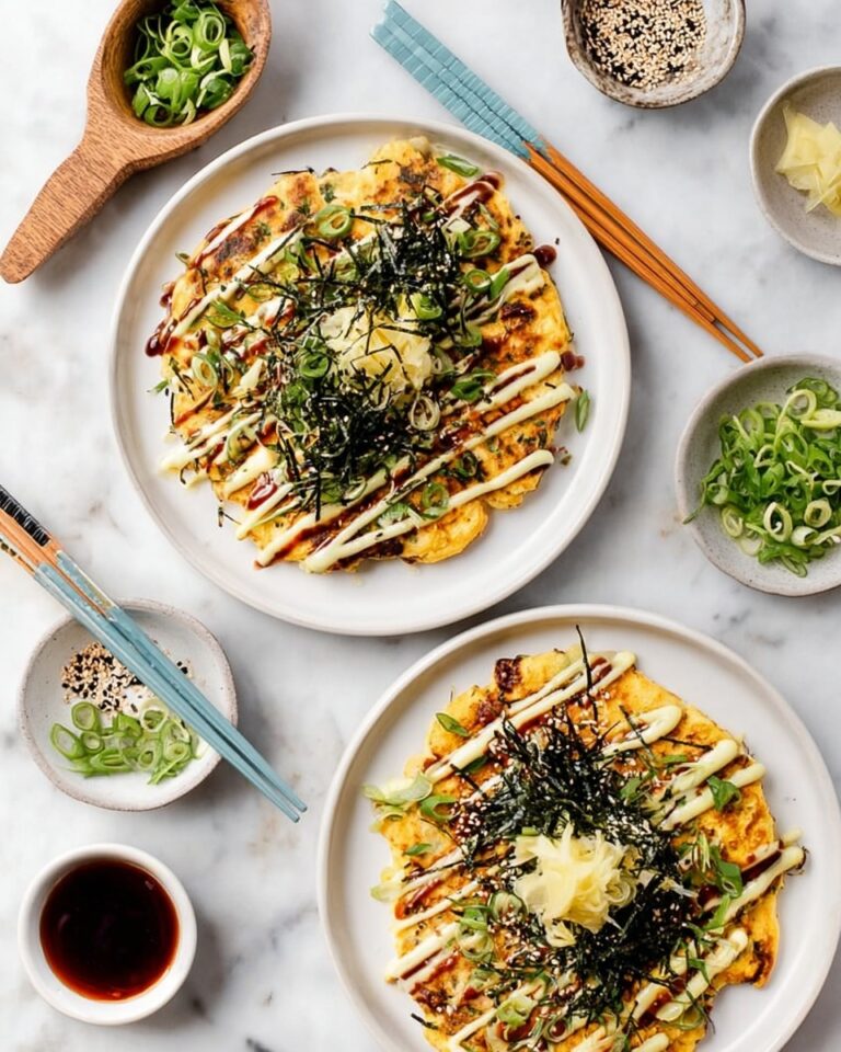 Okonomiyaki: Japanese Savory Cabbage Pancake with Sesame, Pickled Ginger, and Nori Recipe