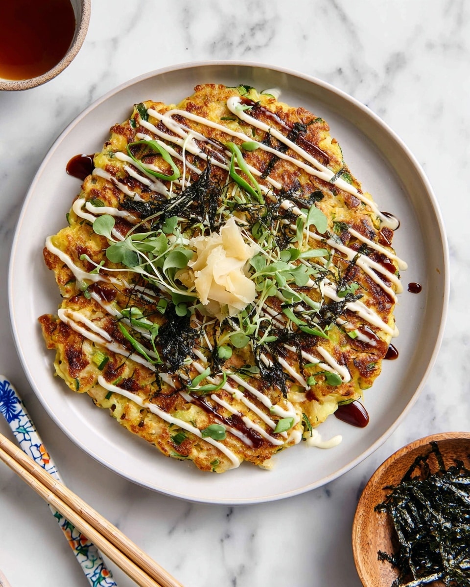 A round, golden-brown savory pancake sits on a white plate placed on a white marbled surface. The pancake has a slightly crisp texture with visible pieces of green onions and shredded vegetables inside. It is drizzled with thin, zigzag lines of white mayo and a dark brown sauce. On top, there are thin strips of dark seaweed, green sliced scallions, and small green microgreens scattered over the surface. In the center, a small pile of light beige pickled ginger adds contrast. A pair of wooden chopsticks with blue and white floral patterns rests on the edge of the plate. Next to the plate, there is a small wooden bowl with dark seaweed strips. photo taken with an iphone --ar 4:5 --v 7