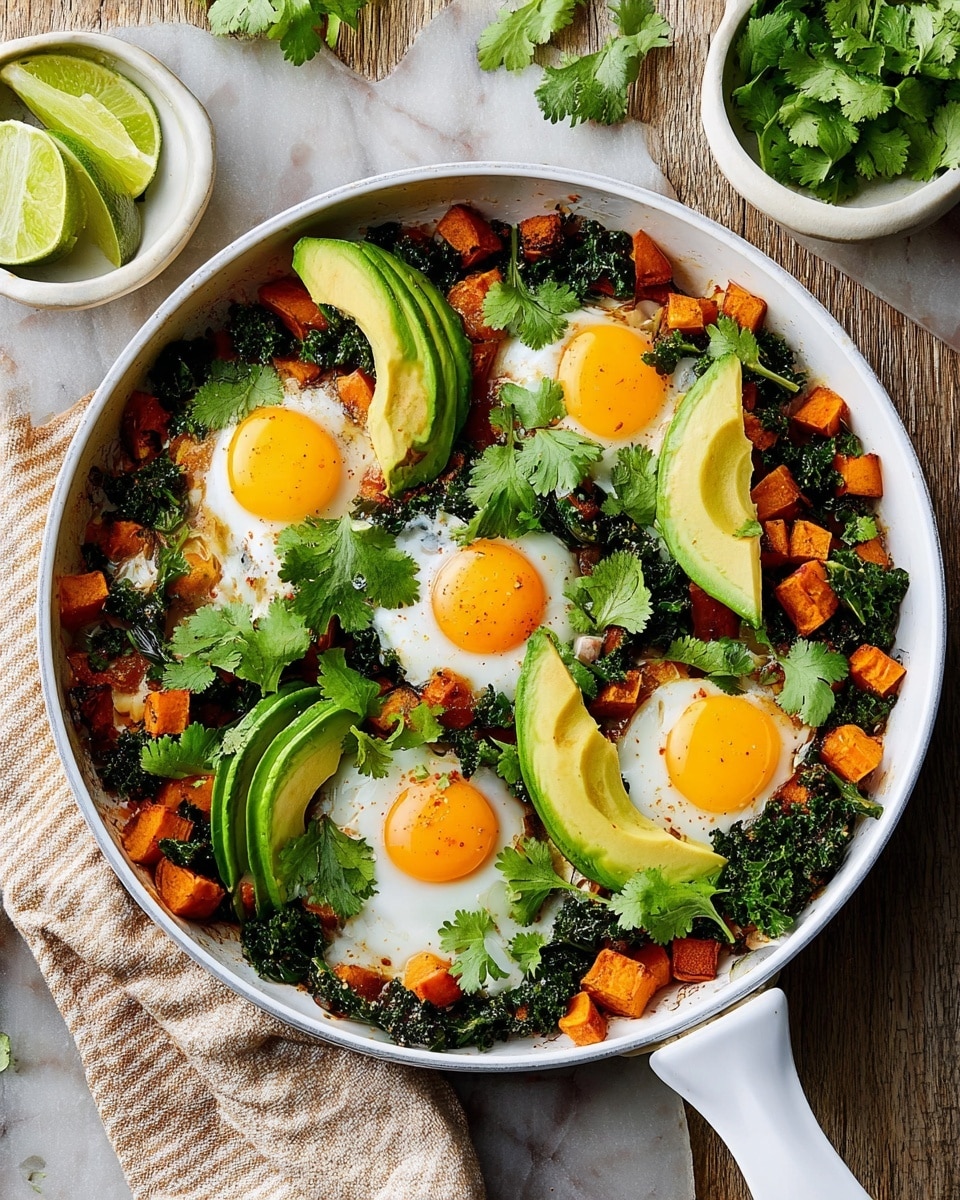 A white skillet filled with a colorful mix of cooked sweet potato cubes, dark green kale leaves, and four sunny-side-up eggs with bright yellow yolks positioned evenly inside the pan. On top of the eggs and vegetables are several fresh, smooth pale green avocado slices and sprigs of fresh cilantro scattered across the dish, adding a vibrant touch. The skillet is set on a white marbled surface with a beige and white striped cloth draped beside the skillet handle, and a small white bowl with lime wedges and fresh cilantro nearby. Photo taken with an iphone --ar 4:5 --v 7
