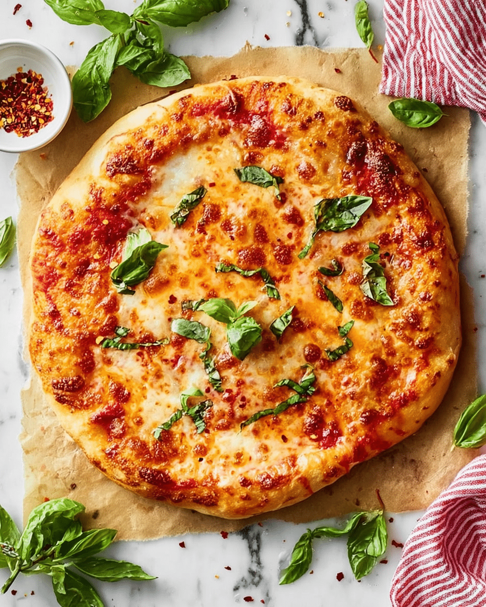 A round pizza with a golden-brown crust sits on parchment paper over a white marbled surface. The pizza has a base layer of bright red tomato sauce spread evenly, topped with melted, bubbly mozzarella cheese that is slightly browned in spots. Scattered fresh green basil leaves rest on top, adding a pop of color and freshness. Around the pizza, more basil leaves are placed casually on the white marbled surface, along with a small white bowl filled with crushed red pepper flakes. A red and white striped cloth is partly visible in the background. Photo taken with an iphone --ar 4:5 --v 7