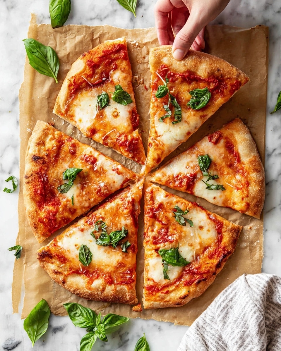 The image shows a pizza cut into six slices placed on brown parchment paper on a white marbled surface. The pizza crust is golden brown with a slightly crispy texture, topped with melted cheese that is creamy white with golden spots, and red tomato sauce spread unevenly underneath. Each slice is decorated with fresh green basil leaves scattered on top, adding a pop of color. A woman's hand is picking up one slice from the top left, showing the soft and chewy texture of the pizza crust. Extra basil leaves are scattered around the parchment paper, enhancing the fresh look. Photo taken with an iphone --ar 4:5 --v 7