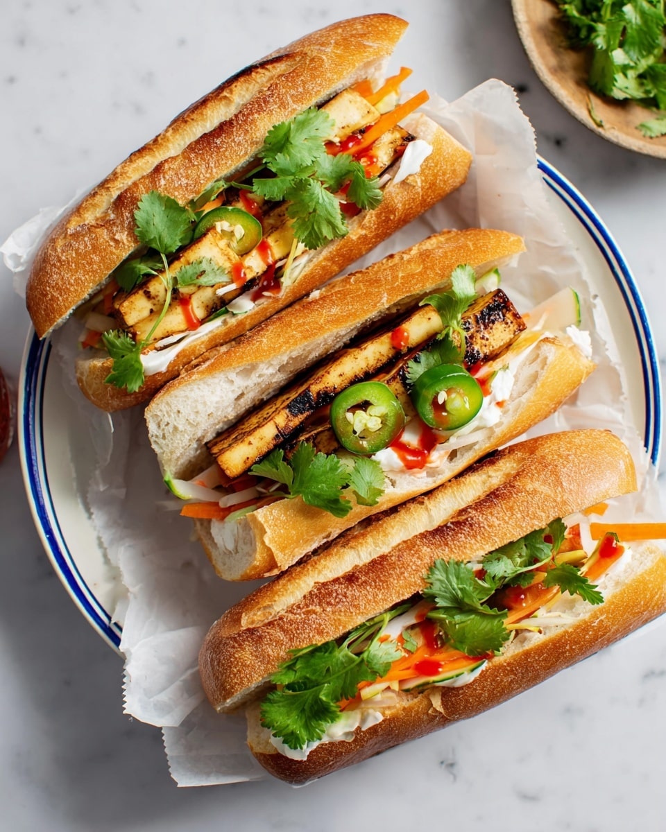 Three sandwiches are placed on white paper inside a white plate with a blue rim, set on a white marbled surface. Each sandwich has a toasted golden-brown baguette cut in half lengthwise, with visible crispy texture and light blistering on the crust. Inside, layers start with thick slices of grilled tofu, showing char marks and a firm texture. On top of the tofu is a spread of creamy white mayo, followed by thin, colorful strips of pickled vegetables including orange carrots and white daikon radish. Green slices of jalapeño add a fresh spiciness, while bright red sriracha sauce is drizzled over. Fresh cilantro leaves with bright green color sit on top, adding a lively touch. The sandwiches are stacked close together, showing a fresh, vibrant combination of textures and colors. photo taken with an iphone --ar 4:5 --v 7