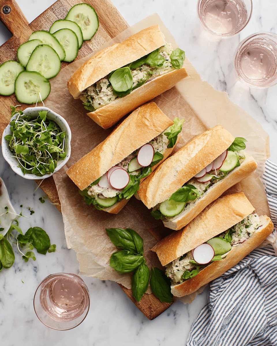Four sandwich pieces are arranged on a wooden cutting board lined with parchment paper. Each sandwich is made with a light golden crusty baguette cut in half, showing layers inside. The bottom layer is green leafy lettuce, topped with creamy light beige spread mixed with herbs, followed by thin round slices of cucumber and thinly sliced radish with white and pink colors. Next to the sandwiches is a small white bowl filled with fresh green microgreens. On the board to the side are more cucumber slices and fresh basil leaves. The whole scene is set on a white marbled surface with a striped cloth napkin and two glasses with a pinkish liquid barely visible at the edges. photo taken with an iphone --ar 4:5 --v 7
