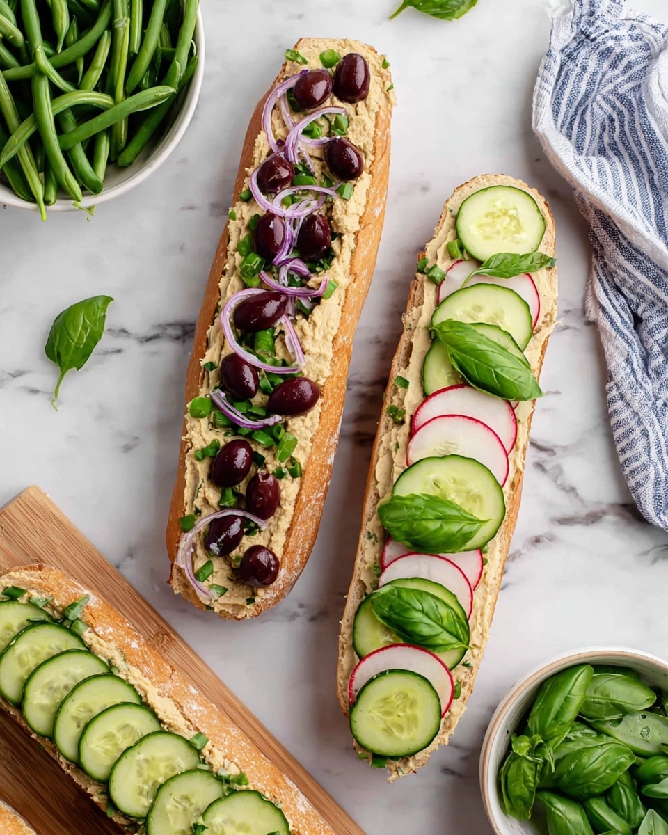 Two long open sandwiches are placed side by side on a white marbled surface. Each baguette slice has three distinct layers: the left one starts with a base spread of creamy beige hummus with green herbs, topped with whole dark purple olives and chopped green beans scattered along its length, and finished with thin pale purple onion rings arranged in a loose spiral on top. The right baguette has a base layer of thinly sliced cucumber disks arranged to fully cover the bread, followed by evenly overlapping thin white radish slices with red edges, and is topped with several bright green basil leaves placed along the length. To the right, there is a white bowl filled with green beans, and to the left a wooden cutting board with sliced cucumbers and fresh basil leaves. A striped blue and white cloth is partially visible at the top right. photo taken with an iphone --ar 4:5 --v 7