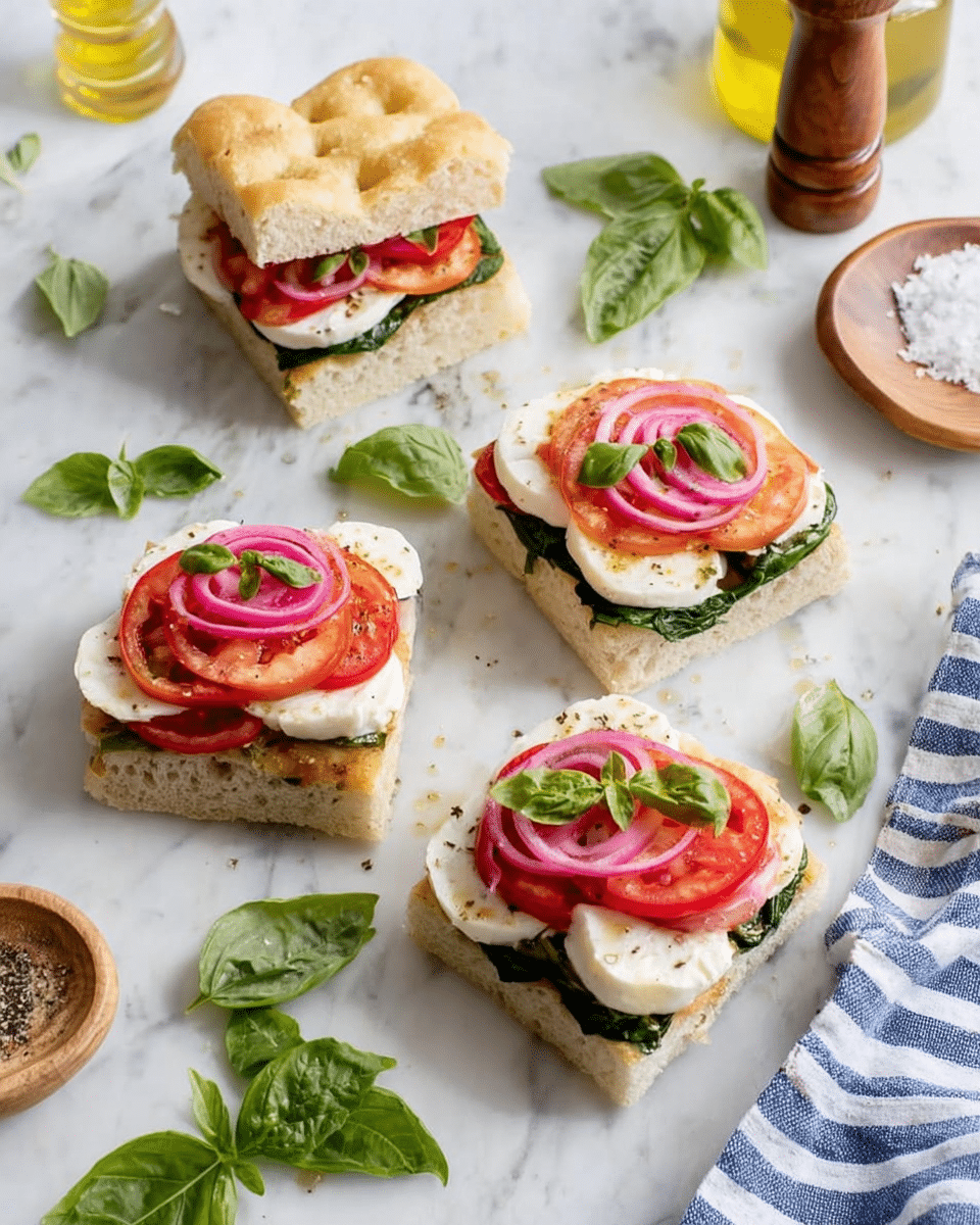 The image shows four focaccia sandwiches placed on a white marbled surface. Each sandwich has three main layers: a base square piece of soft, airy focaccia bread, fresh green leafy spinach, and thick slices of white mozzarella cheese. Above the cheese are vibrant red tomato slices, some topped with pickled pink onions and small green basil leaves. The sandwiches have the top square focaccia piece slightly lifted or tilted, revealing the layers inside. Scattered green basil leaves and a small wooden bowl with coarse sea salt are visible nearby, along with a bottle of olive oil and a pepper grinder in the background. A striped blue and white cloth is partially visible in the corner. Photo taken with an iphone --ar 4:5 --v 7
