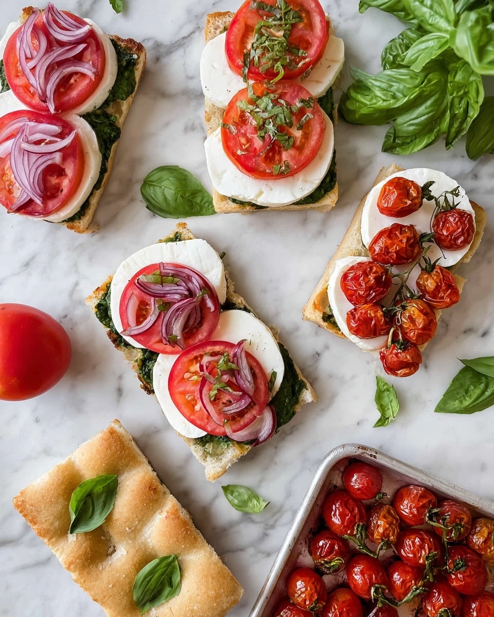 The image shows four open-faced sandwiches on white focaccia bread, each with layers of green leafy spinach or basil at the bottom, thick white slices of fresh mozzarella cheese in the middle, and bright red tomato slices on top. Some sandwiches also have thinly sliced pink pickled onions and several pieces of roasted cherry tomatoes with a slightly wrinkled texture, garnished with small green basil leaves. The focaccia bread tops are placed near each sandwich, showing a light golden-brown color with dimpled texture. Around the sandwiches, fresh green basil leaves and a whole red tomato rest on a white marbled surface, along with a tray of roasted cherry tomatoes. photo taken with an iphone --ar 4:5 --v 7