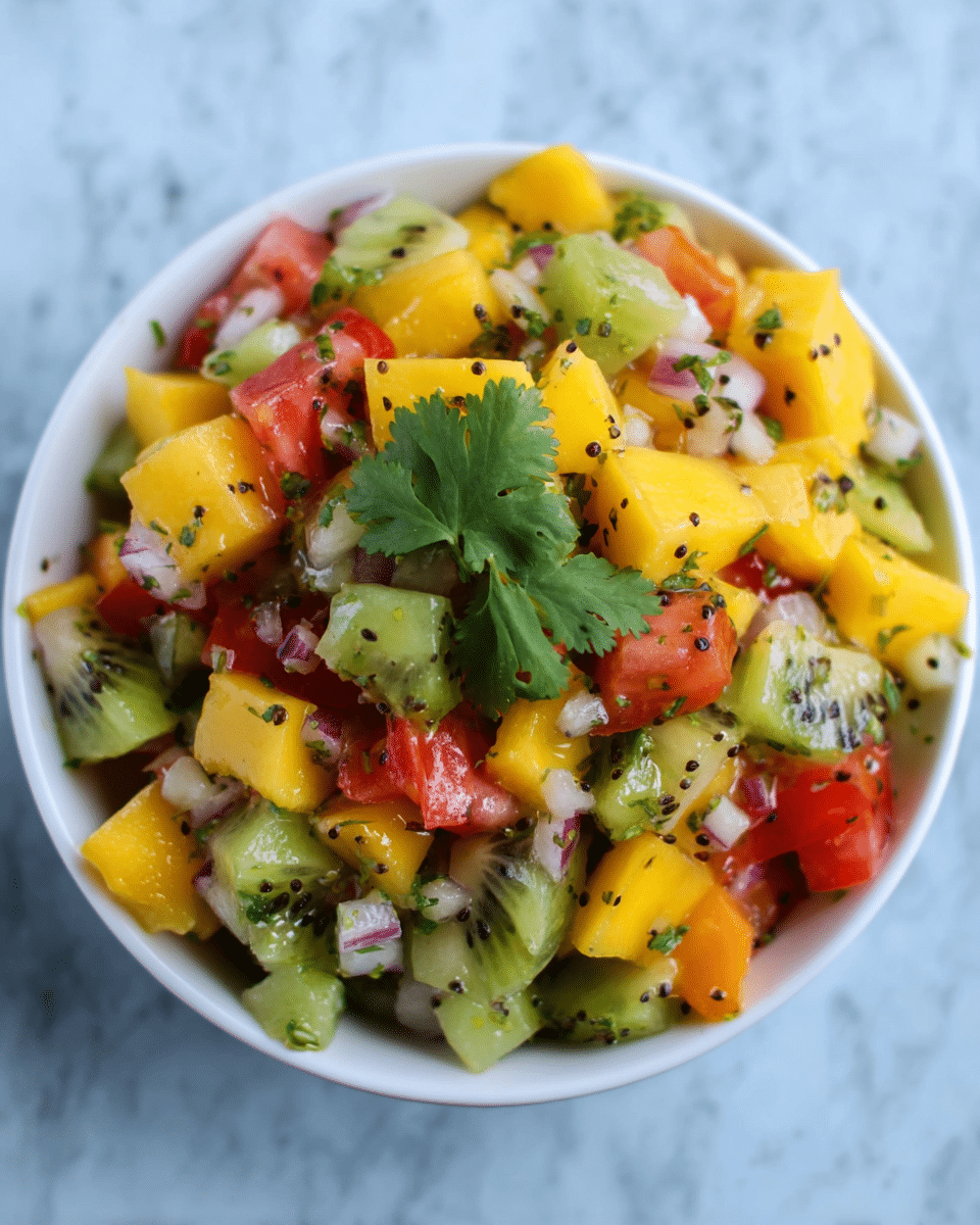 A brightly colored fruit salsa is presented in a white bowl, filled to the top with evenly chopped pieces of yellow mango, green kiwi with black seeds, red tomato, and white onion. The mixture includes small green herb leaves mixed throughout and is garnished with a sprig of fresh green cilantro placed in the center. The bowl sits on a white marbled surface that adds a clean and elegant touch. The colors and textures blend to create a fresh, lively, and inviting look. photo taken with an iphone --ar 4:5 --v 7