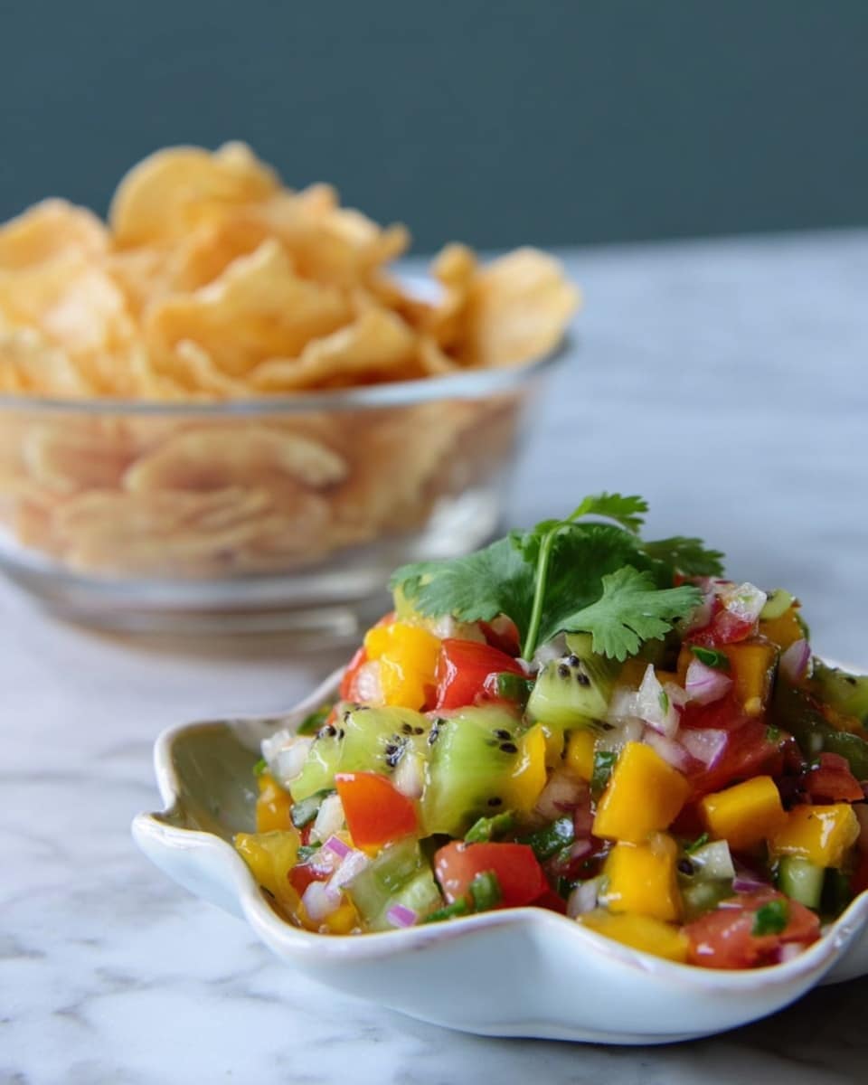 The image shows a colorful fruit salsa served in a white bowl shaped like a leaf with a slightly raised edge. The salsa has several layers of small diced pieces, including red tomatoes, green kiwi, yellow mango, and white onions, garnished with a few fresh green cilantro leaves on top. To the left in the background, there is a clear glass bowl filled with light golden crispy chips with a rough texture. The scene is set on a white marbled surface with a plain grey background, giving focus to the vivid colors and fresh ingredients of the salsa. photo taken with an iphone --ar 4:5 --v 7