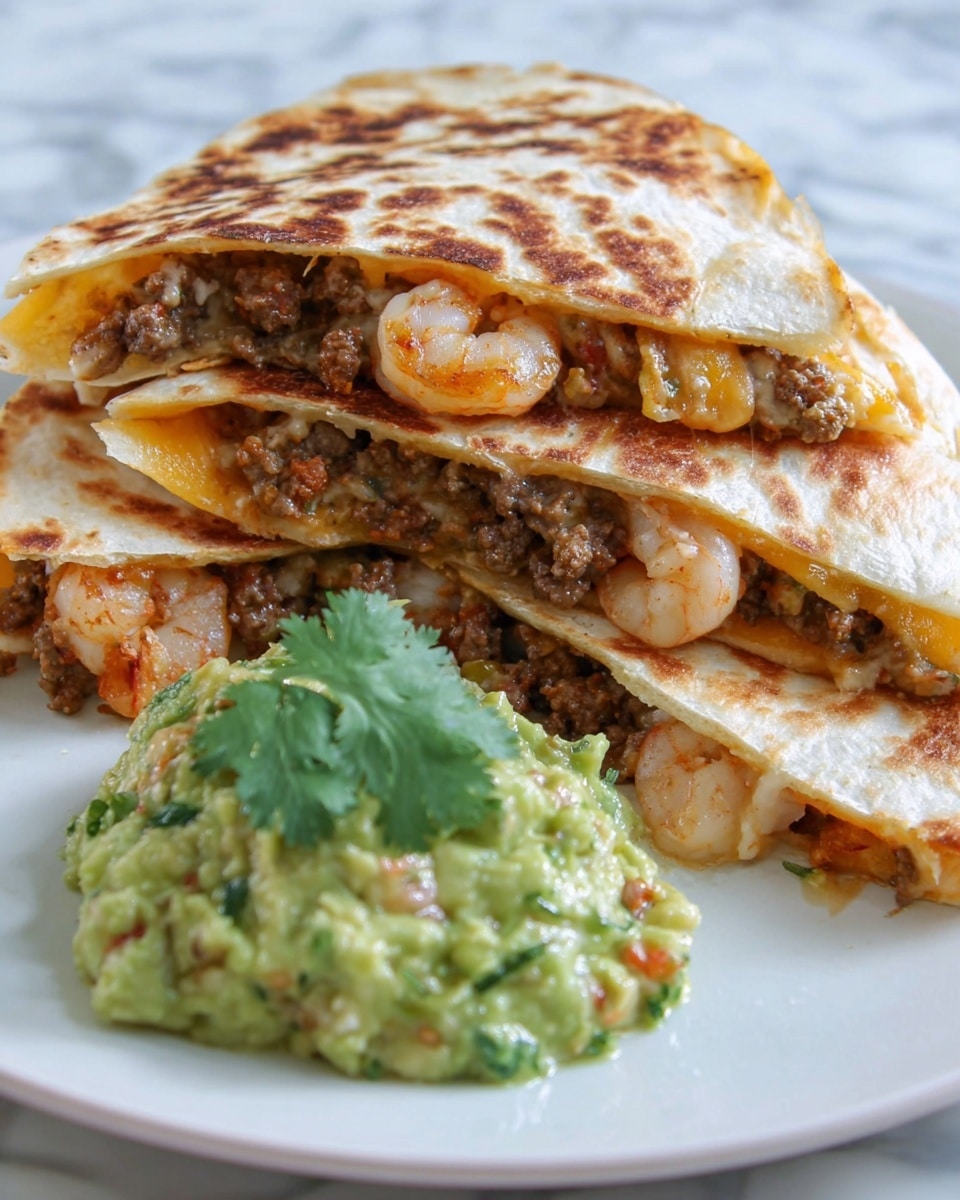 The image shows three triangular pieces of quesadilla stacked on a white plate, each piece golden brown with a crispy texture and visible grill marks. Inside the layers of the white tortilla, there is melted orange cheese, cooked ground meat, and chunks of shrimp, creating a mix of yellow, brown, and white colors. Next to the quesadilla pieces is a generous scoop of chunky guacamole with a light green color and bits of darker green herbs, topped with a fresh green cilantro leaf. The plate sits on a white marbled surface. photo taken with an iphone --ar 4:5 --v 7