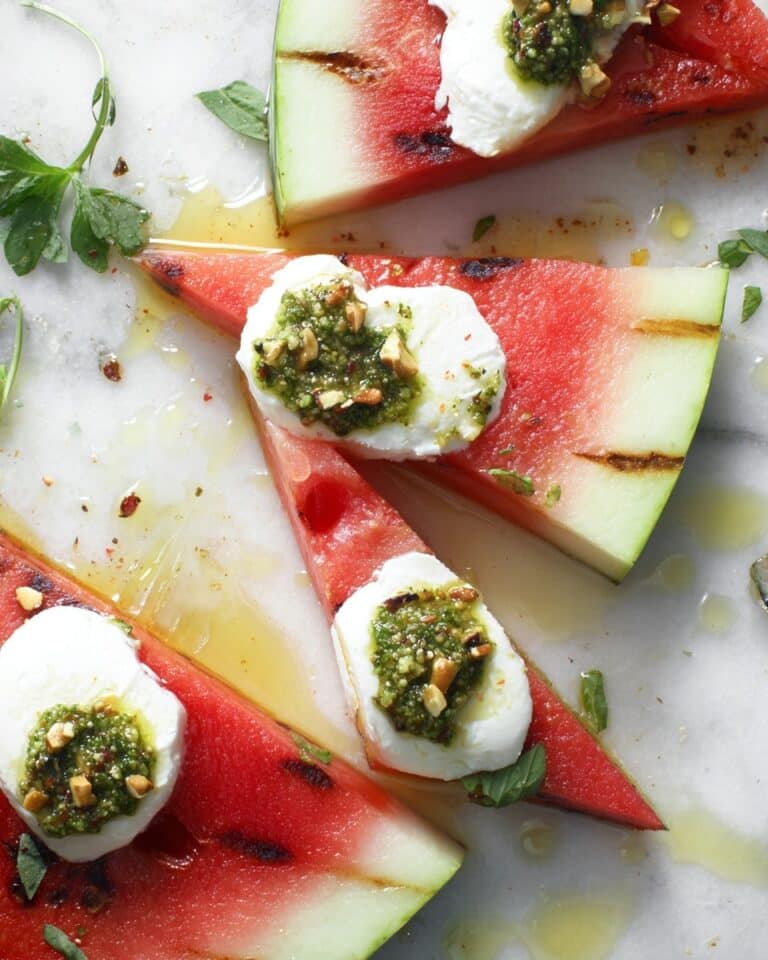 Grilled Watermelon Pizza with Herb Pistachio Pesto, Mozzarella, and Honey Recipe