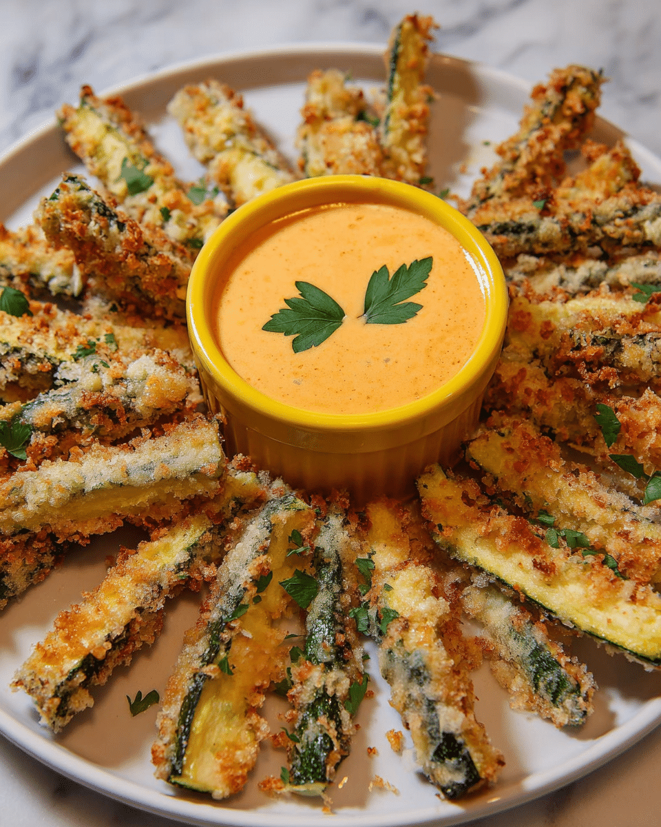 The image shows a white plate with many zucchini fries arranged around the edge. The fries are coated with a crispy, golden brown crumb layer, showing some green zucchini skin underneath. In the center of the plate, there is a small yellow ramekin filled with a creamy, orange dipping sauce topped with two green parsley leaves. The plate is on a white marbled surface. photo taken with an iphone --ar 4:5 --v 7
