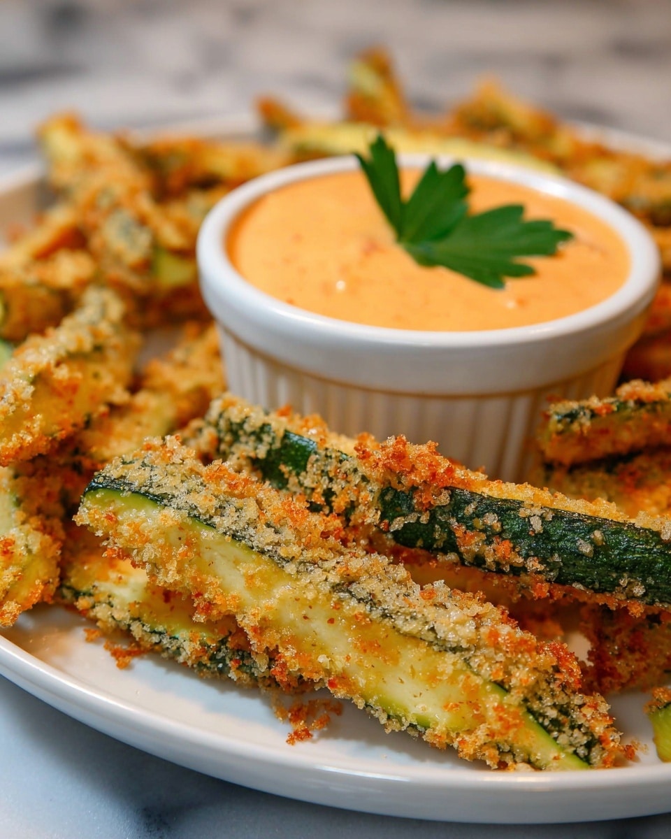 The image shows a white plate with several crispy zucchini fries coated in a golden breadcrumb mix, laid out around a small white ramekin filled with creamy orange dipping sauce, topped with a fresh green parsley leaf. The zucchini fries have a crunchy texture with some green skin visible under the coating. The white plate rests on a white marbled surface, highlighting the warm colors of the food. Photo taken with an iphone --ar 4:5 --v 7