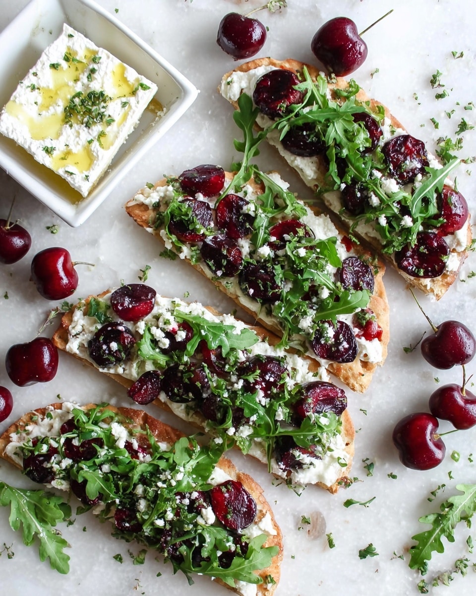 The image shows four long flatbread slices arranged diagonally on a white marbled surface. Each flatbread has a base layer of creamy white spread, topped with dark red cherry halves scattered evenly. On top of the cherries is a layer of fresh green arugula leaves and small bits of white cheese crumbled over them. Around the flatbreads, there are whole dark red cherries with their stems and fresh green herb sprigs scattered. In the upper left corner, there is a small white square dish filled with white cheese topped with a light golden drizzle, placed on the same marbled surface. The overall presentation is fresh and colorful, with a mix of creamy, leafy, and fruity textures. photo taken with an iphone --ar 4:5 --v 7