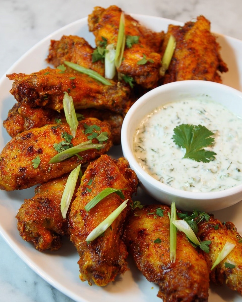 The image shows a white plate filled with about ten pieces of golden-brown fried chicken wings, each wing cooked to have a crispy, textured surface with varying shades of orange and brown. Thin strips of green and white scallions are scattered over the chicken, adding a fresh look. On the right side of the plate, a small white bowl holds a creamy white dipping sauce with visible herbs sprinkled throughout, topped with a small sprig of green cilantro. The entire arrangement sits on a white marbled surface. photo taken with an iphone --ar 4:5 --v 7