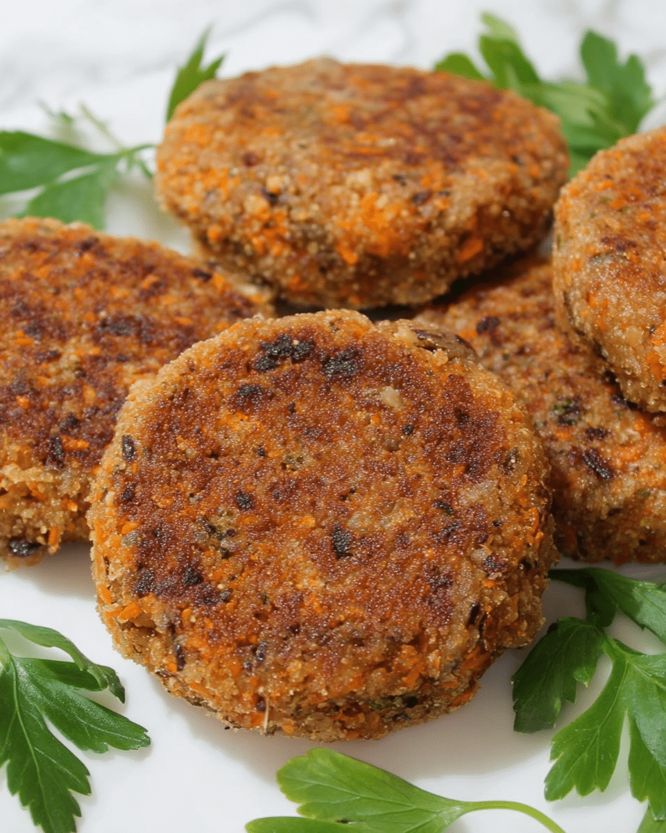 The image shows round, flat patties with a rough, crumbly texture on the top and sides. The patties have a mix of brown and orange colors with small bits of darker ingredients scattered throughout. They are placed on a smooth, white plate with a few sprigs of fresh green parsley around them, adding a touch of color contrast. The background is a white marbled surface, making the patties and parsley stand out clearly. photo taken with an iphone --ar 4:5 --v 7