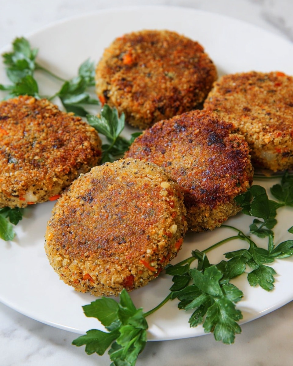 Five round, breaded patties with a crumbly, golden brown texture are placed on a white plate. The patties have a mix of small green and orange bits inside the crumb coating, suggesting vegetables or herbs. Bright green parsley leaves are scattered near the patties for garnish. The white plate is set on a white marbled texture. photo taken with an iphone --ar 4:5 --v 7