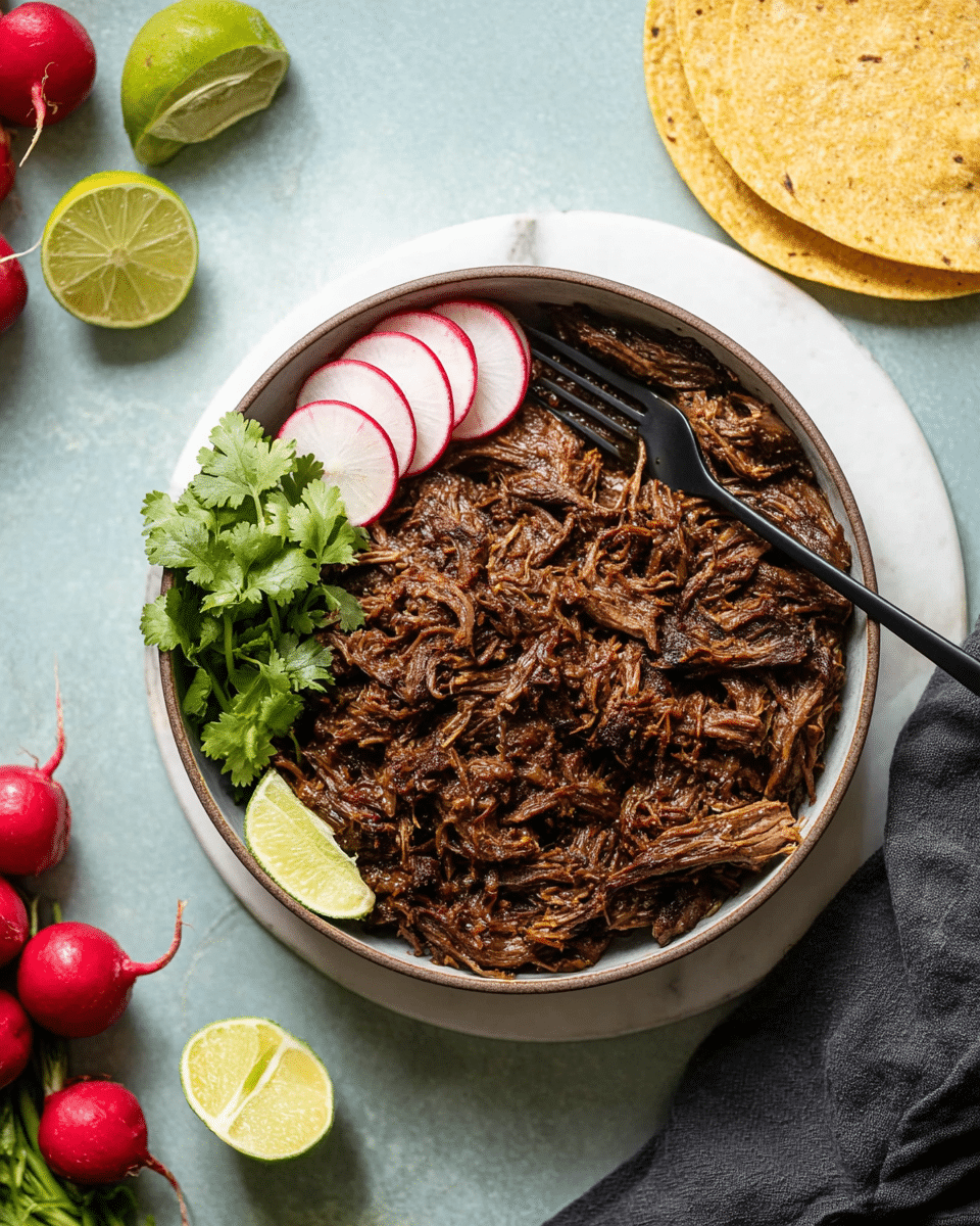 A bowl filled with shredded dark brown cooked meat takes the center, the meat showing a moist yet slightly fibrous texture. On one edge of the bowl, there are three thin pale pink radish slices arranged in a small stack, accompanied by fresh green cilantro leaves and a bright yellow-green lime wedge. A black fork rests inside the bowl on the right side. The bowl is placed on a round white marble board on top of a light turquoise surface. Nearby, there are whole and sliced lime wedges, a bunch of red radishes, a dark cloth, and a stack of tortillas in the upper right corner. Photo taken with an iphone --ar 4:5 --v 7