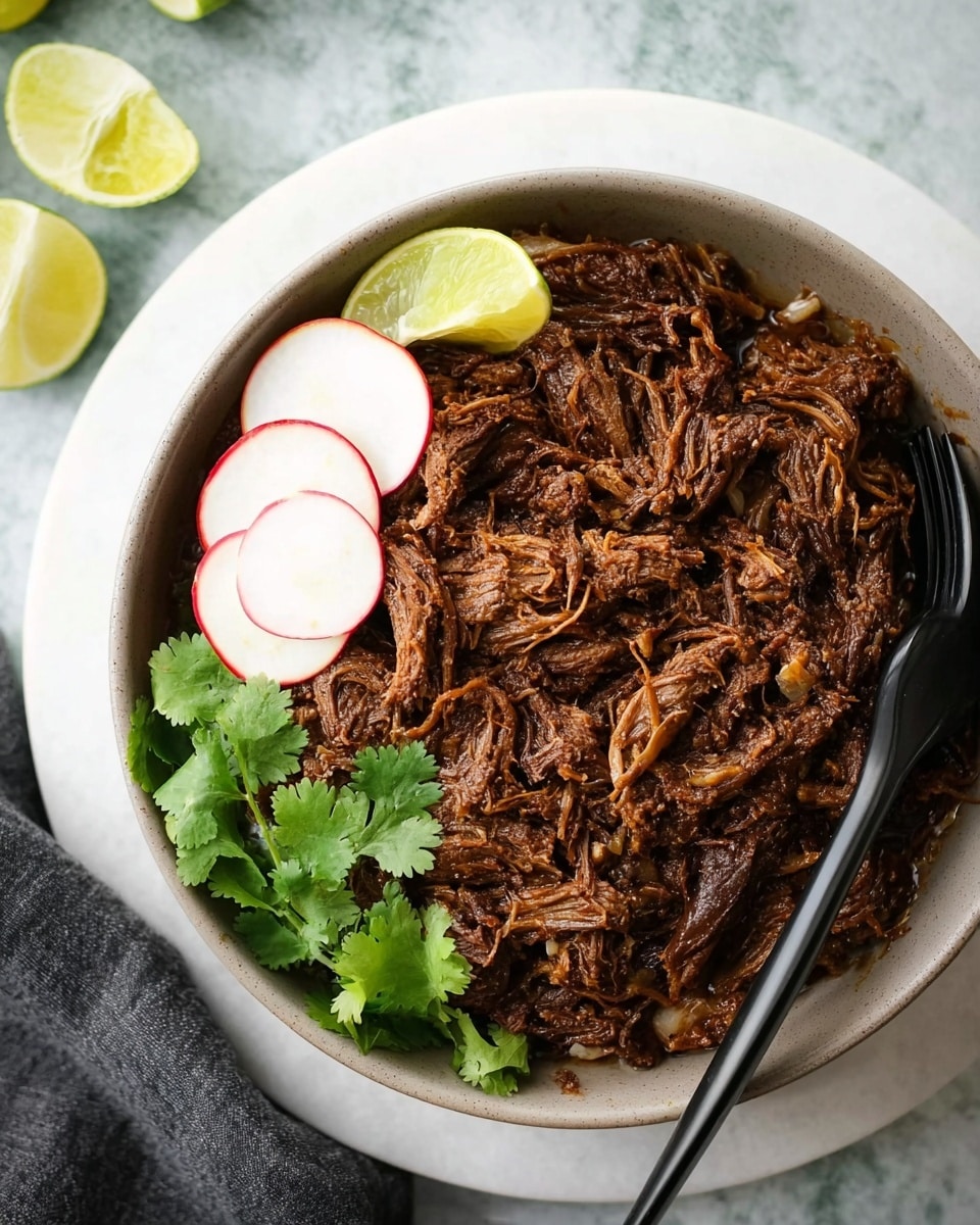 A bowl filled with shredded dark brown meat covers the entire bowl, showing a moist and tender texture. On top, there are three thin, round slices of white radish with red edges placed near the left side alongside bright green cilantro leaves and a wedge of light yellow lime. The bowl is set on a large round white marble plate, and a black fork is resting inside the bowl on the right side. The background is a white marbled texture with two lime wedges visible on the upper left side and a dark gray cloth near the bottom left corner. photo taken with an iphone --ar 4:5 --v 7