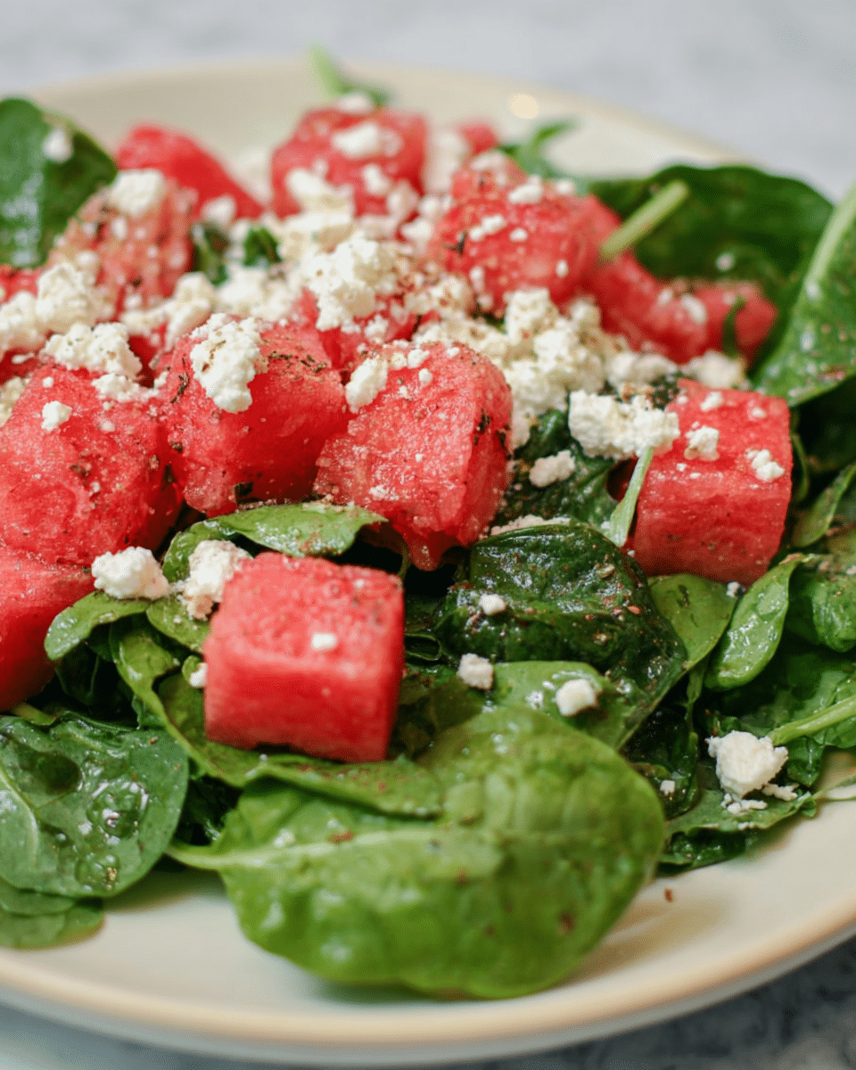 A close-up image of a salad on a white plate with a white marbled background. The salad has three main layers: fresh green spinach and arugula leaves at the bottom as the first layer, topped with medium-sized bright red and pink watermelon cubes as the second layer, and sprinkled with crumbly white feta cheese on top. The edges of the watermelon cubes are smooth, the spinach leaves have visible veins, and the feta cheese crumbles are uneven and scattered throughout. The lighting highlights the freshness and colors of the ingredients. Photo taken with an iphone --ar 4:5 --v 7
