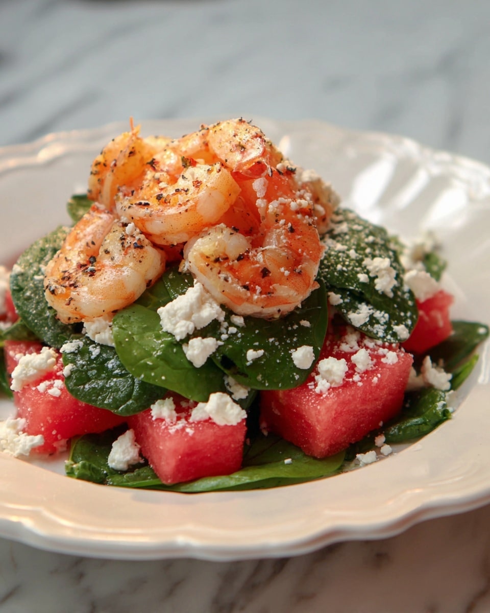 The dish shows a layered salad presented in a white plate with a scalloped edge. The base layer consists of dark green spinach leaves with a smooth and slightly glossy texture, spread evenly across the plate. On top of this, there are bright red, roughly triangular chunks of watermelon with a juicy and grainy texture scattered throughout. White crumbles of soft cheese are sprinkled over the watermelon and spinach, adding a contrast in color and texture. Sitting on the topmost layer are several plump, light pink shrimp with a slight orange seasoning, curled and appearing tender. The whole dish is set against a soft white marbled surface. photo taken with an iphone --ar 4:5 --v 7